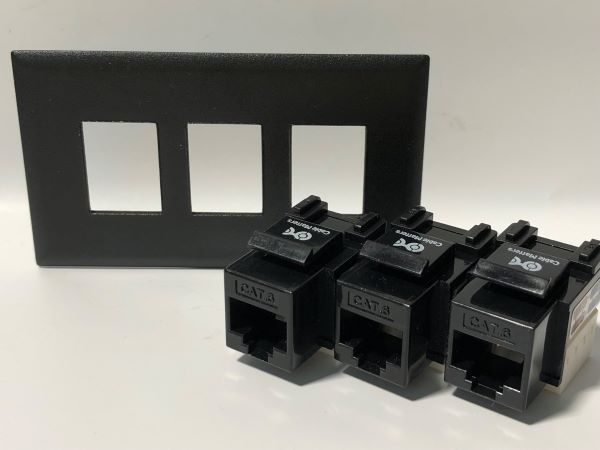 Telecom Data Plate with 3 RJ45 Punch Down Connector - Uninstalled - Front View - Black