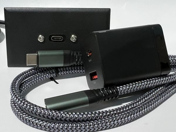 Black Telecom Data Plate with Panel Mount USB C connector installed - Braided USB Male to Female Cable - USB A & C Charger