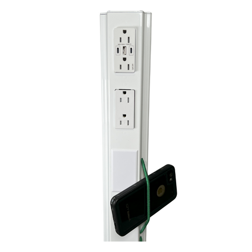 Close up of the power receptacles on a 42" White MG Power Plus with Data Plate.  A black iPhone is being held by the optional green bungee cord.