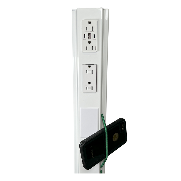 Close up of the power receptacles on a 42" White MG Power Plus with Data Plate.  A black iPhone is being held by the optional green bungee cord.