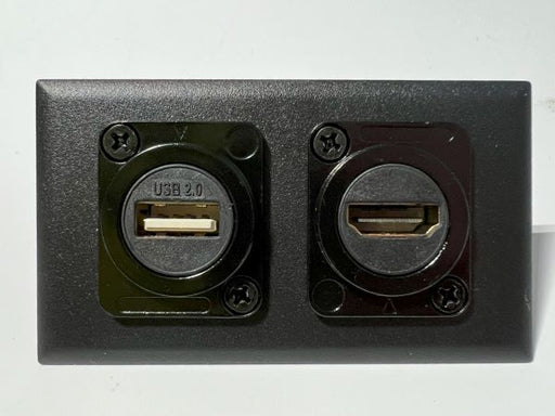 Telecom Plate with USB A and HDMI D-Series Panel Mount Female to Female Connectors - Installed - Front View - Black