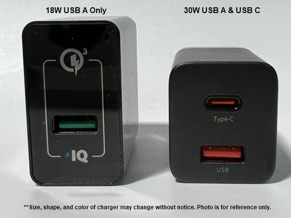 18W USB A only charger shown next to a 30W USB A & USB C charger