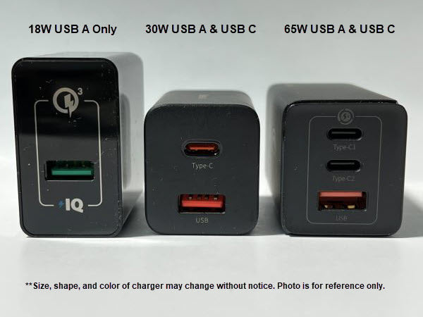 Image showing 3 different chargers - 18W USB A Only, 30W USB A & USB C, and 65W USB A & two USB C