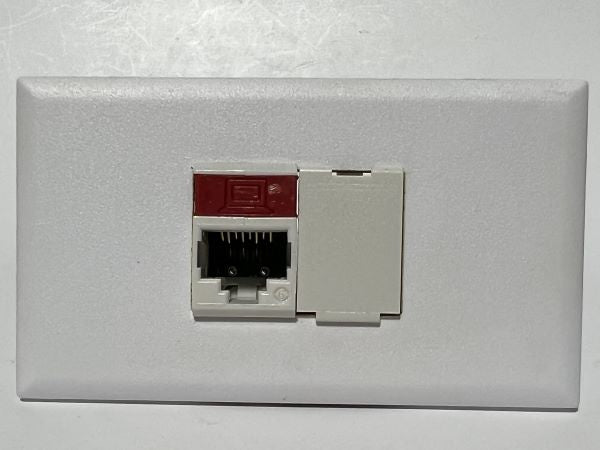 Telecom Plate showing 1 RJ45 Siemon Punch Down Connector and 1 Blank Insert - White