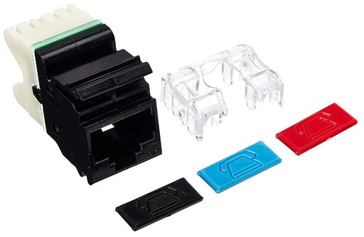 Black Siemon RJ45 Flat MAX Connector (MX6-F01) with strain relief and three colored icons