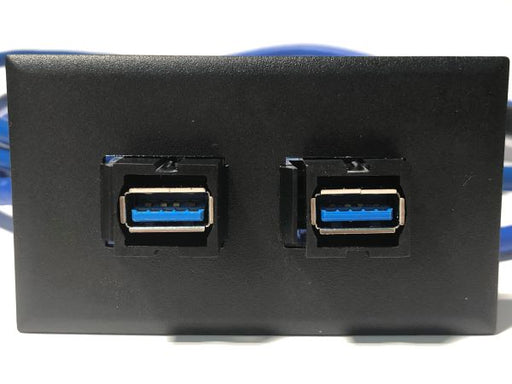 Telecom Data Plate with 2 - 3' USB A 3.0 Keystone MtoF Cables - Installed - Front View - Black