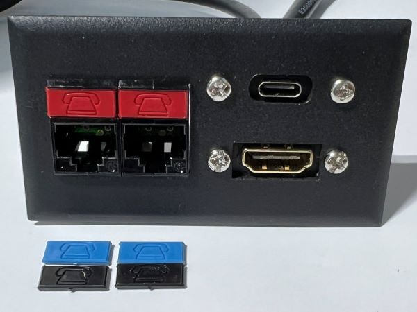 Telecom Data Plate with 2 Siemon RJ45 Punch Down Connectors and 6' 1.4 HDMI Cable and USB C Cable - Installed - Front View - Black