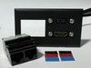 Telecom Data Plate with 2 Siemon RJ45 Punch Down Connectors and 6' 1.4 HDMI Cable and USB C Cable - Uninstalled - Front View - Black