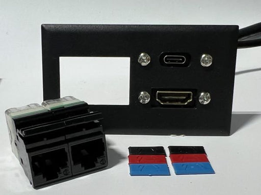 Telecom Data Plate with 2 Siemon RJ45 Punch Down Connectors and 6' 1.4 HDMI Cable and USB C Cable - Uninstalled - Front View - Black