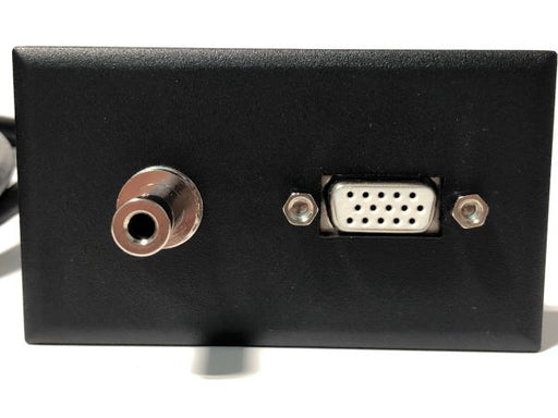 Telecom Plate with 3' HD VGA M/F Cable and 3.5mm Mini Stereo - Installed - Front View - Black