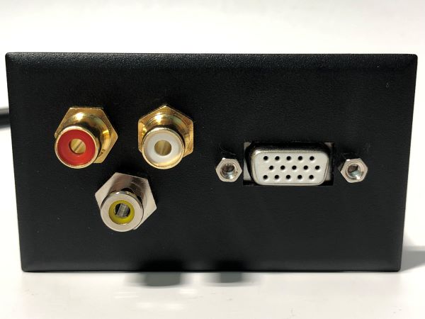 Telecom Plate with 3' HD VGA M/F Cable and Red, White, and Yellow RCA Inline Connectors - Installed - Front View - Black
