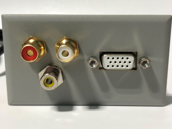 Telecom Plate with 3' HD VGA M/F Cable and Red, White, and Yellow RCA Inline Connectors - Installed - Front View - Gray