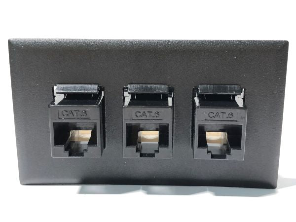Telecom Data Plate with 3 RJ45 Punch Down Connector - Installed - Front View - Black