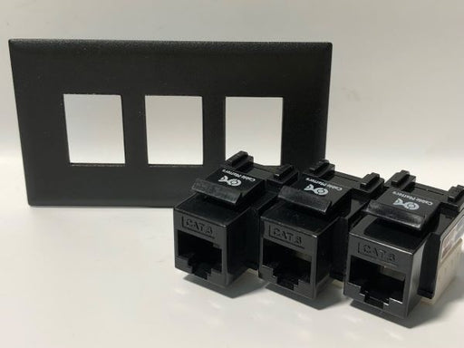 Telecom Data Plate with 3 RJ45 Punch Down Connector - Uninstalled - Front View - Black