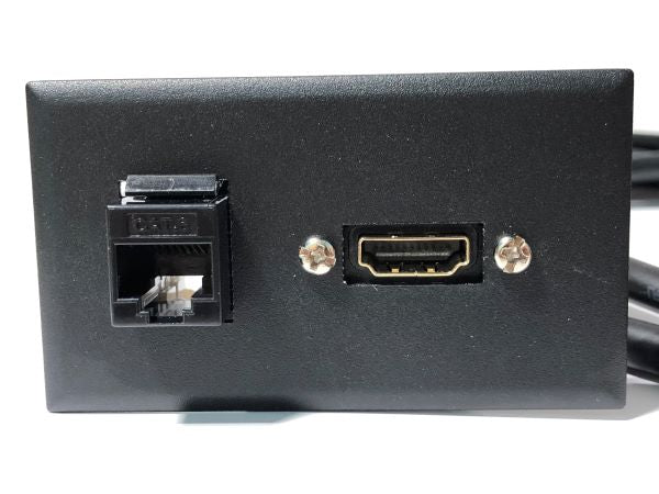 Telecom Data Plate with RJ45 CAT6 Punch Down Connector and 6' HDMI Panel Mount Cable - Installed - Front View - Black