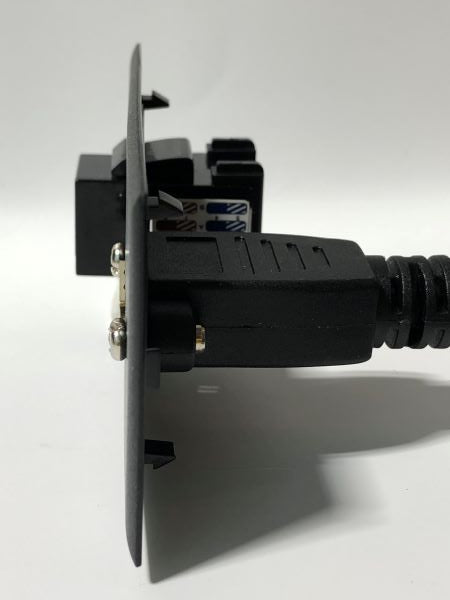 Telecom Data Plate with RJ45 CAT6 Punch Down Connector and 6' HDMI Panel Mount Cable - Installed - Side View - Black