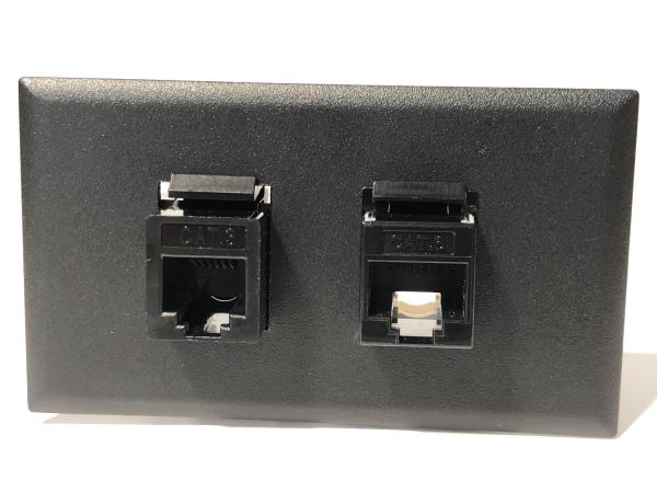Telecom Plate with 1 RJ45 Punch Down Connector and 1 RJ11 Punch Down Connector - Front View - Installed - Black