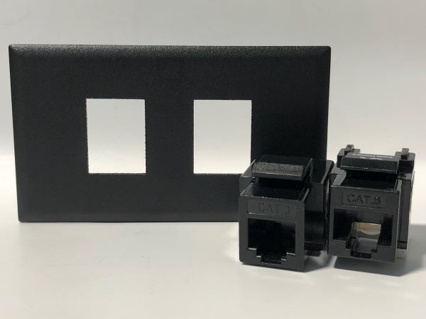 Telecom Plate with 1 RJ45 Punch Down Connector and 1 RJ11 Punch Down Connector - Front View - Uninstalled - Black