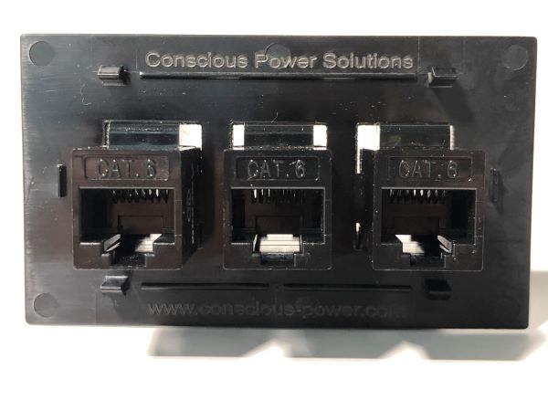Telecom Plate with 3 RJ45 Inline Connectors - Installed - Back View - Black