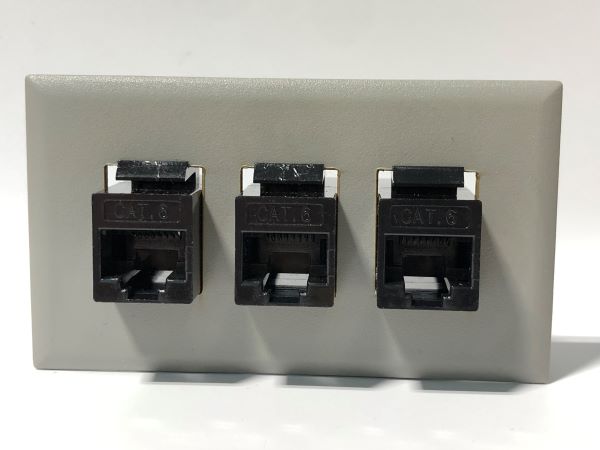 Telecom Plate with 3 RJ45 Inline Connectors - Installed - Front View - Gray