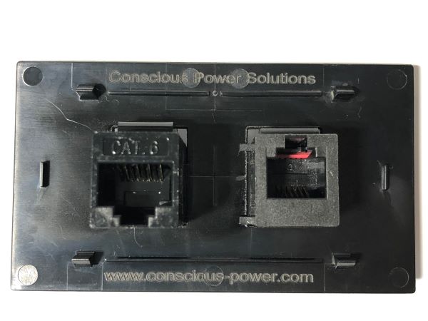 Telecom Plate with 1 RJ45 Inline Connector and 1 RJ11 Inline Connector - Installed - Back View - Black