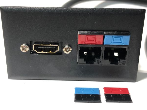 Telecom Data Plate with 2 Siemon RJ45 Punch Down Connectors and 6' 1.4 HDMI Cable - Installed - Front View - Black