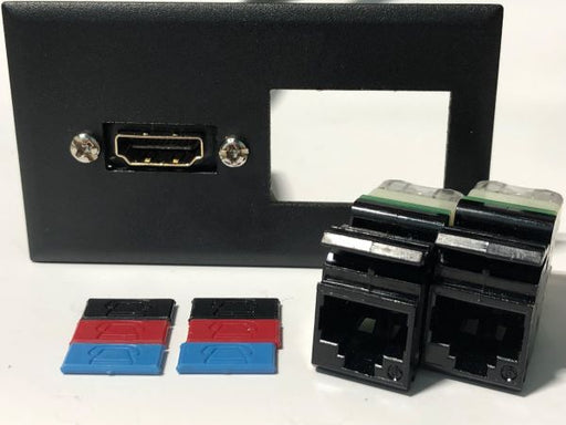 Telecom Data Plate with 2 Siemon RJ45 Punch Down Connectors and 6' 1.4 HDMI Cable - Uninstalled - Front View - Black