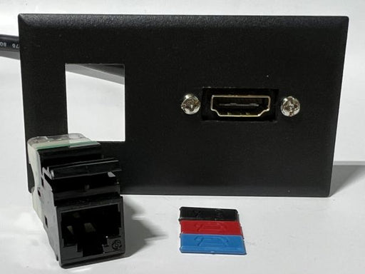 Telecom Data Plate with a Siemon RJ45 Punch Down Connector and 6' 1.4 HDMI Cable - Uninstalled - Front View - Black