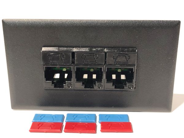Telecom Data Plate with 3 Siemon RJ45 Punch Down Connectors - Installed - Front View - Black