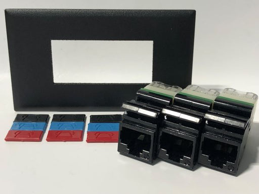 Telecom Data Plate with 3 Siemon RJ45 Punch Down Connectors - Uninstalled - Front View - Black