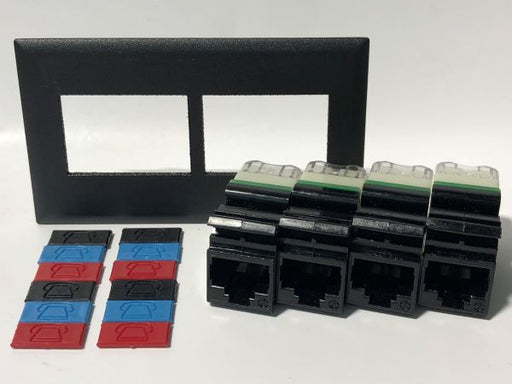 Telecom Data Plate with 4 Siemon RJ45 Punch Down Connectors - Uninstalled - Front View - Black