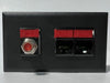 Telecom Plate with single Siemon™ Flat MAX® F-Type Coaxial Connector and 2 Siemon™ Flat MAX® RJ45 CAT6 connectors - Installed - Front View - Black. Shown with additional color icons