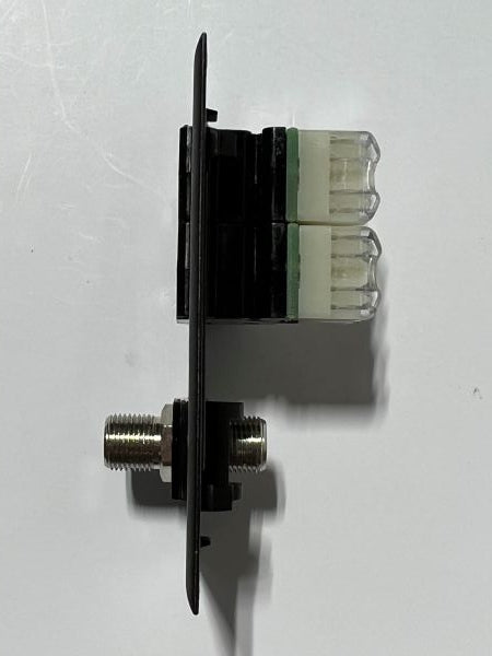 Telecom Plate with single Siemon™ Flat MAX® F-Type Coaxial Connector and 2 Siemon™ Flat MAX® RJ45 CAT6 connectors - Installed - Top View - Black. Shown with additional color icons