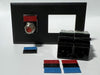 Telecom Plate with single Siemon™ Flat MAX® F-Type Coaxial Connector and 2 Siemon™ Flat MAX® RJ45 CAT6 connectors - RJs Uninstalled - Coaxial Installed - Front View - Black. Shown with additional color icons