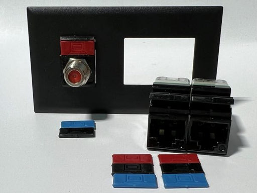 Telecom Plate with single Siemon™ Flat MAX® F-Type Coaxial Connector and 2 Siemon™ Flat MAX® RJ45 CAT6 connectors - RJs Uninstalled - Coaxial Installed - Front View - Black. Shown with additional color icons