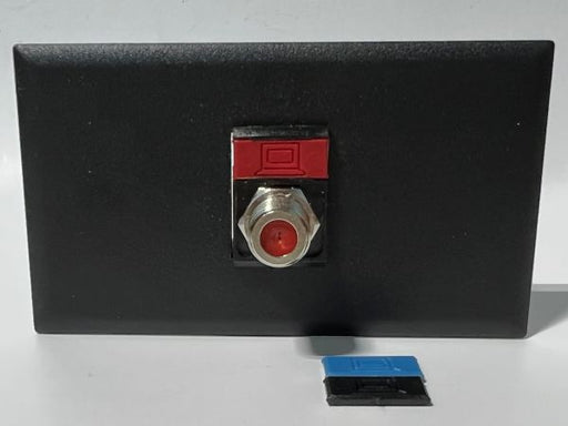 Telecom Plate with single Siemon™ Flat MAX® F-Type Coaxial Connector - Installed - Front View - Black. Shown with additional color icons