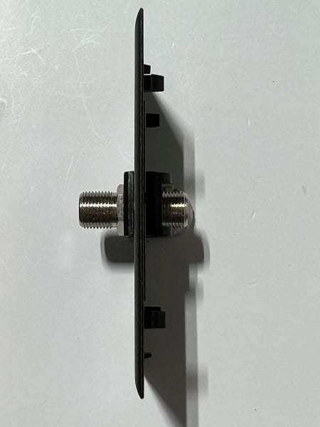Telecom Plate with single Siemon™ Flat MAX® F-Type Coaxial Connector - Installed - Top View - Black. Shown with additional color icons