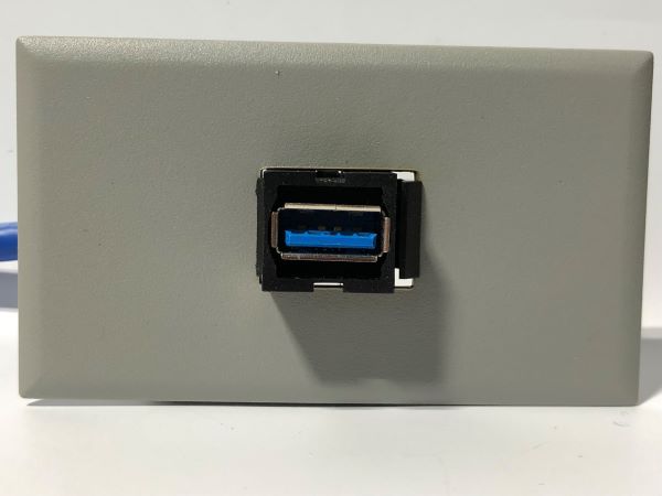 Telecom Data Plate with 3' USB A Keystone MtoF Cable - Installed - Front View - Gray