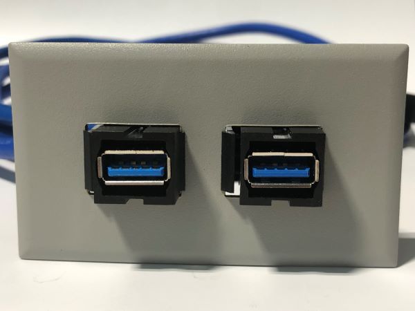 Telecom Data Plate with 2 - 3' USB A 3.0 Keystone MtoF Cables - Installed - Front View - Gray