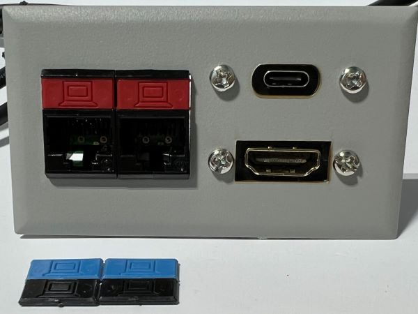 Telecom Data Plate with 2 Siemon RJ45 Punch Down Connectors and 6' 1.4 HDMI Cable and USB C Cable - Installed - Front View - Gray