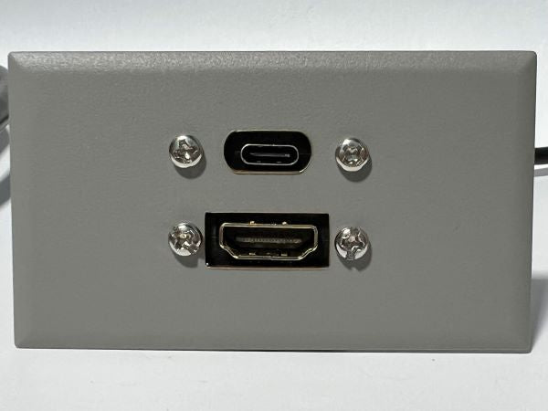 Telecom Plate with USB C 3.2 3ft Cable and HDMI 6ft Cable  - Installed - Front View - Gray