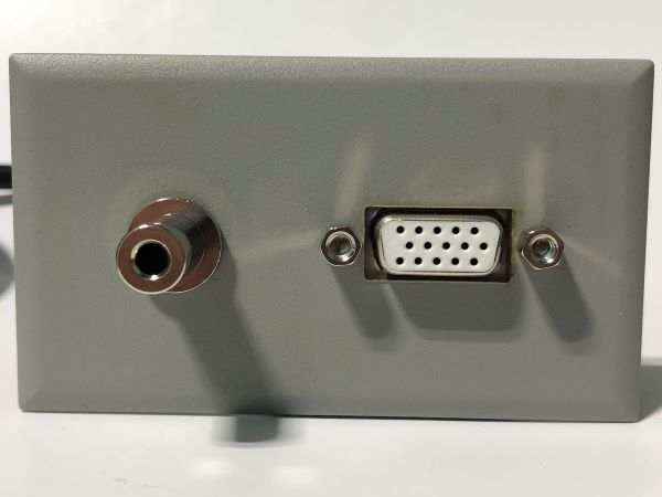 Telecom Plate with 3' HD VGA M/F Cable and 3.5mm Mini Stereo - Installed - Front View - Gray