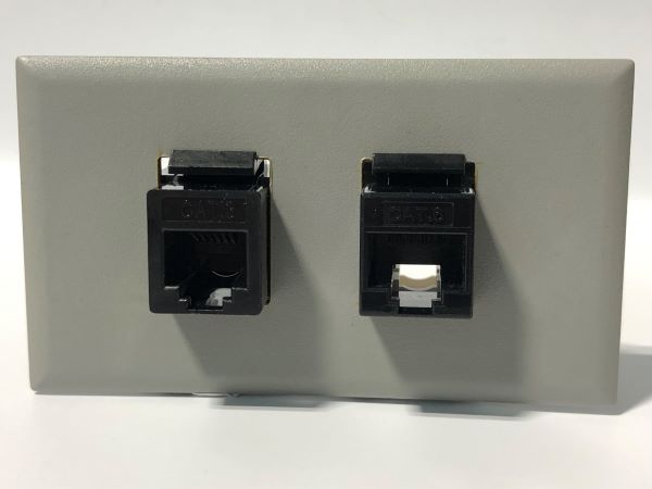 Telecom Plate with 1 RJ45 Punch Down Connector and 1 RJ11 Punch Down Connector - Front View - Installed - Gray
