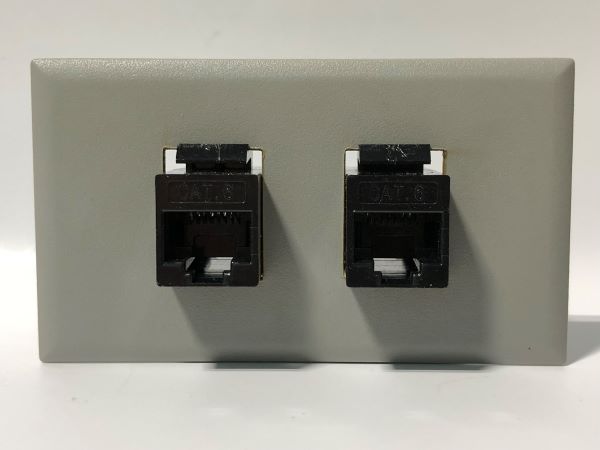 Telecom Plate with 2 RJ45 Inline Connectors - Installed - Front View - Gray