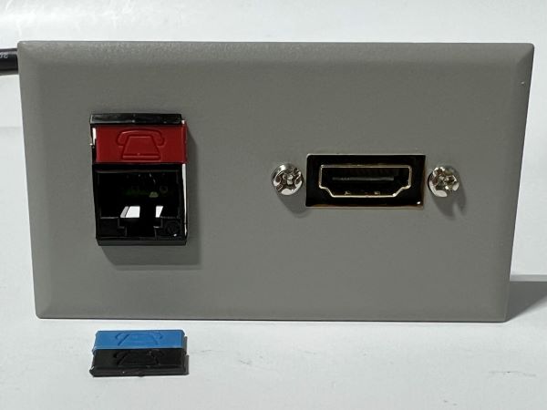 Telecom Data Plate with a Siemon RJ45 Punch Down Connector and 6' 1.4 HDMI Cable - Installed - Front View - Gray
