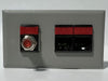 Telecom Plate with single Siemon™ Flat MAX® F-Type Coaxial Connector and 2 Siemon™ Flat MAX® RJ45 CAT6 connectors - Installed - Front View - Gray. Shown with additional color icons