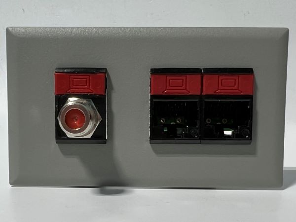 Telecom Plate with single Siemon™ Flat MAX® F-Type Coaxial Connector and 2 Siemon™ Flat MAX® RJ45 CAT6 connectors - Installed - Front View - Gray. Shown with additional color icons
