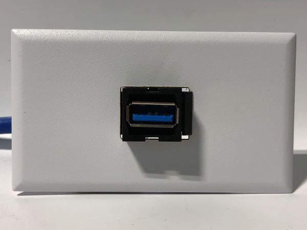 Telecom Data Plate with 3' USB A Keystone MtoF Cable - Installed - Front View - White
