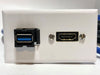 Telecom Data Plate with USB A Keystone 3' MtoF Cable and 6' HDMI Panel Mount Cable - Installed - Front View - White