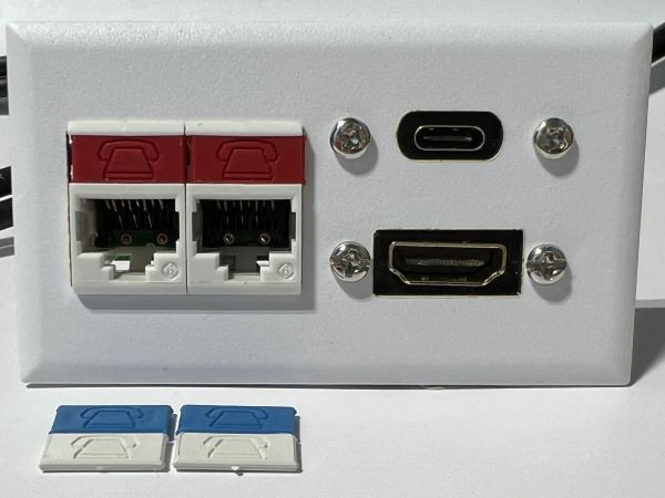 Telecom Data Plate with 2 Siemon RJ45 Punch Down Connectors and 6' 1.4 HDMI Cable and USB C Cable - Installed - Front View - White
